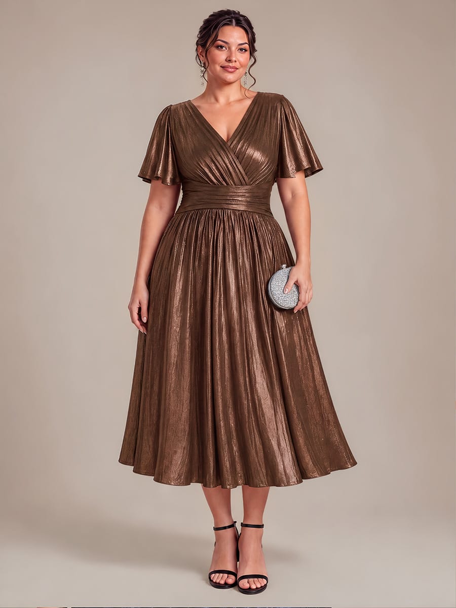 Jersey Tea Length V Neckline Ruffle Sleeves Wedding Guest Dress #color_Chocolate brown