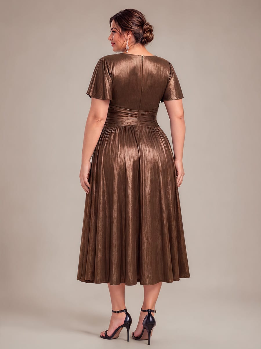 Jersey Tea Length V Neckline Ruffle Sleeves Wedding Guest Dress #color_Chocolate brown