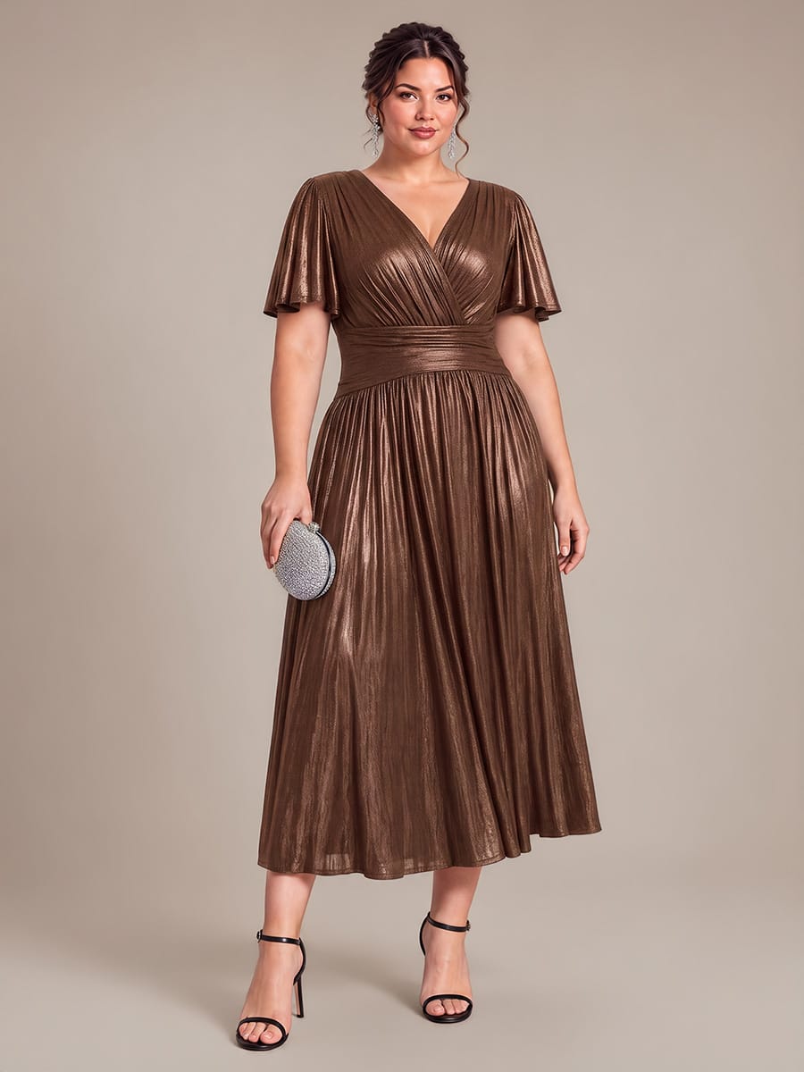 Jersey Tea Length V Neckline Ruffle Sleeves Wedding Guest Dress #color_Chocolate brown