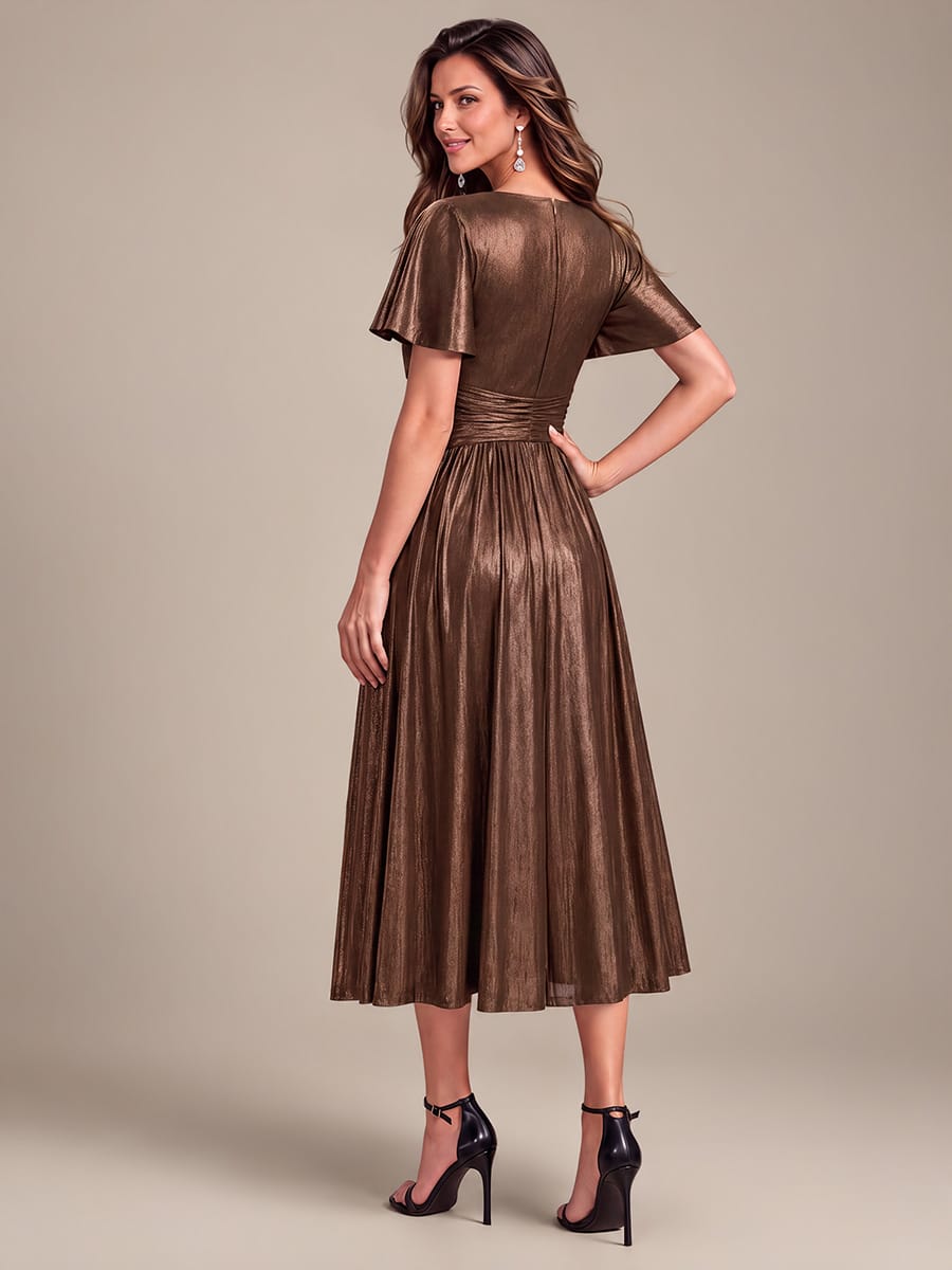 Jersey Tea Length V Neckline Ruffle Sleeves Wedding Guest Dress #color_Chocolate brown