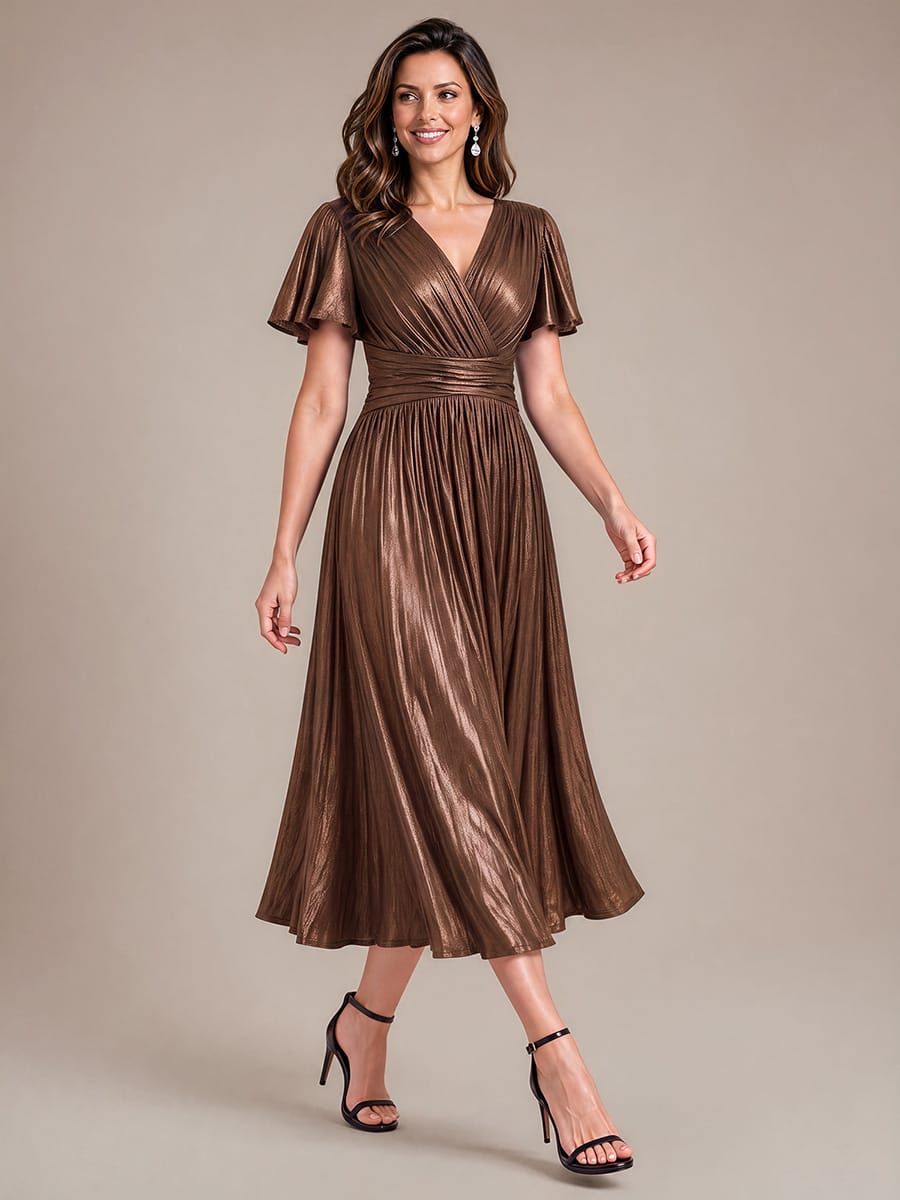 Jersey Tea Length V Neckline Ruffle Sleeves Wedding Guest Dress #color_Chocolate brown