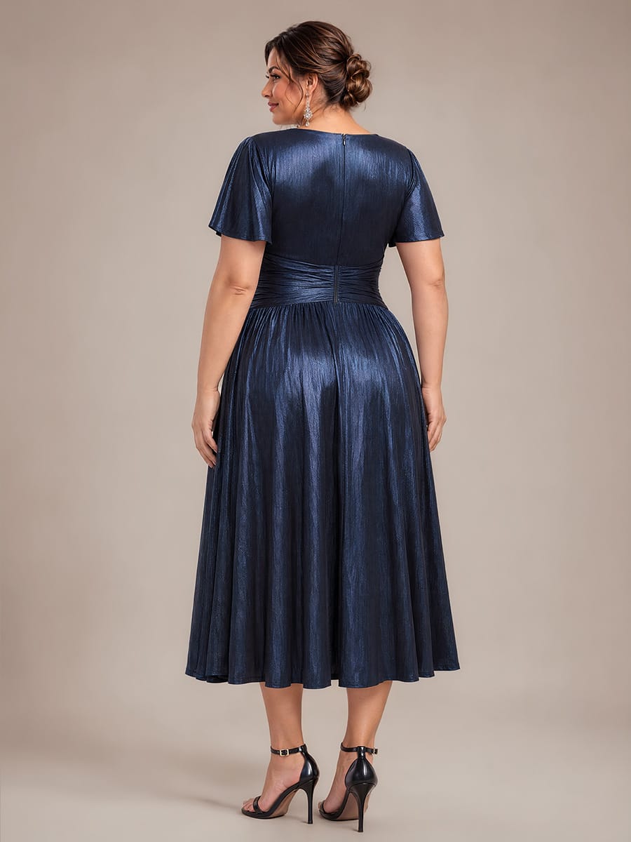 Jersey Tea Length V Neckline Ruffle Sleeves Wedding Guest Dress #color_Navy Blue
