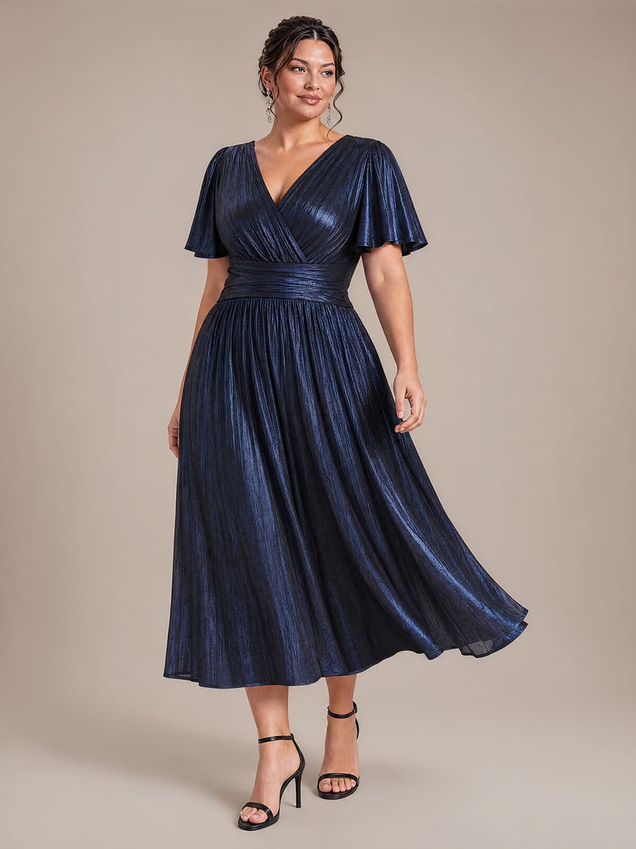 Jersey Tea Length V Neckline Ruffle Sleeves Wedding Guest Dress #color_Navy Blue