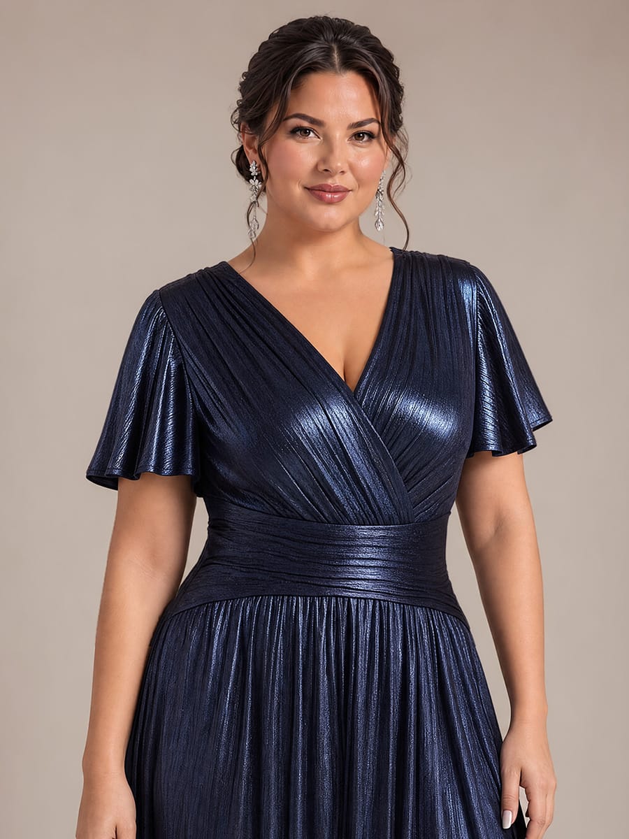 Jersey Tea Length V Neckline Ruffle Sleeves Wedding Guest Dress #color_Navy Blue