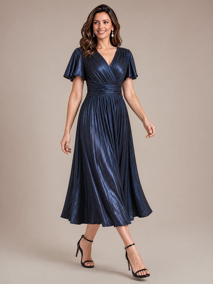 Jersey Tea Length V Neckline Ruffle Sleeves Wedding Guest Dress #color_Navy Blue