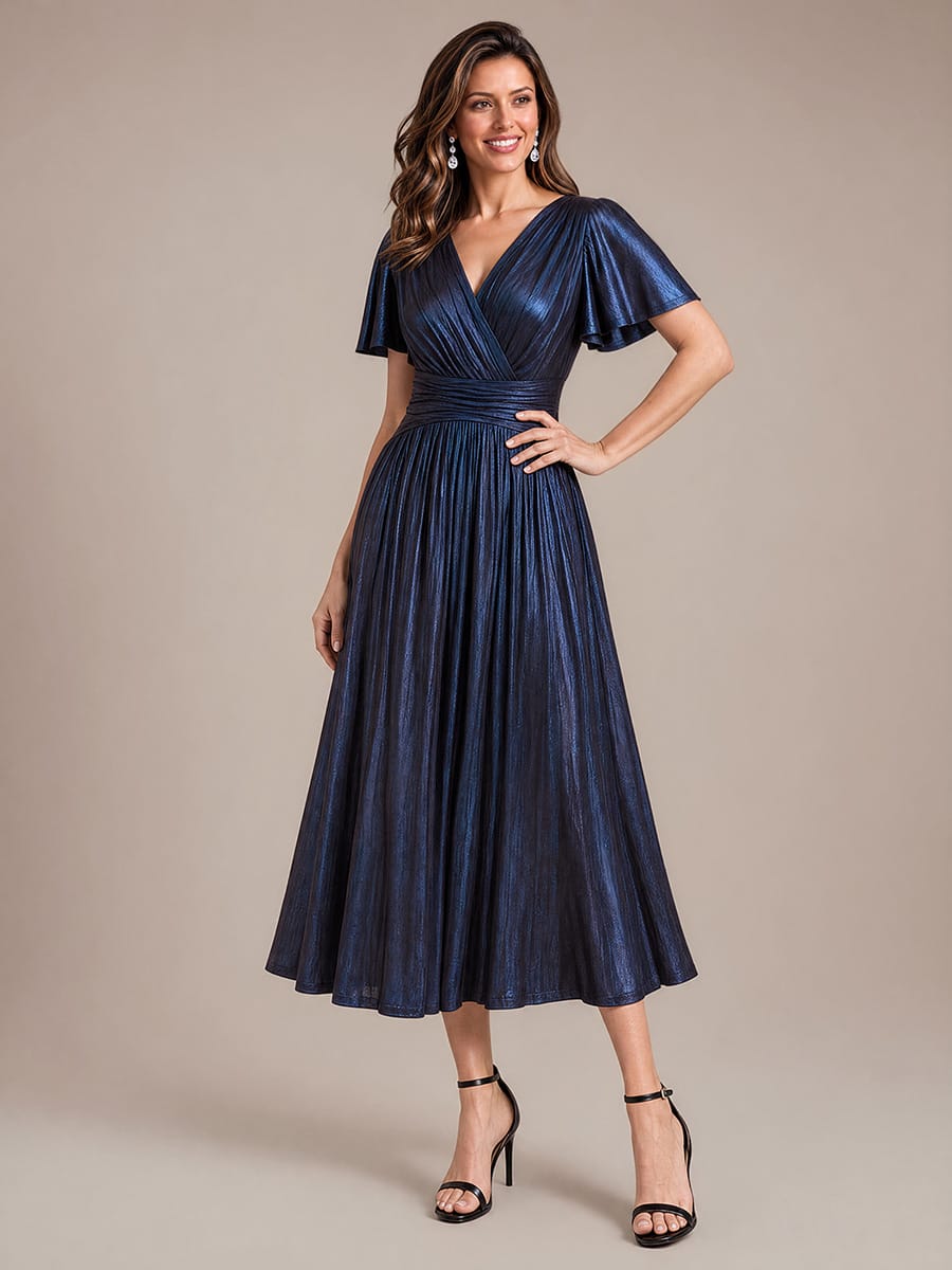 Jersey Tea Length V Neckline Ruffle Sleeves Wedding Guest Dress #color_Navy Blue