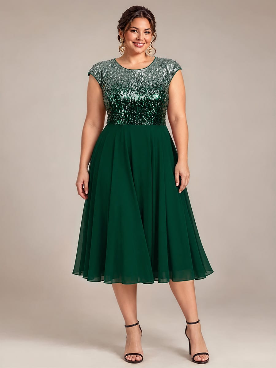 Sequin Tea Length Round Neckline Cap Sleeves Wedding Guest Dress #color_Green Silver
