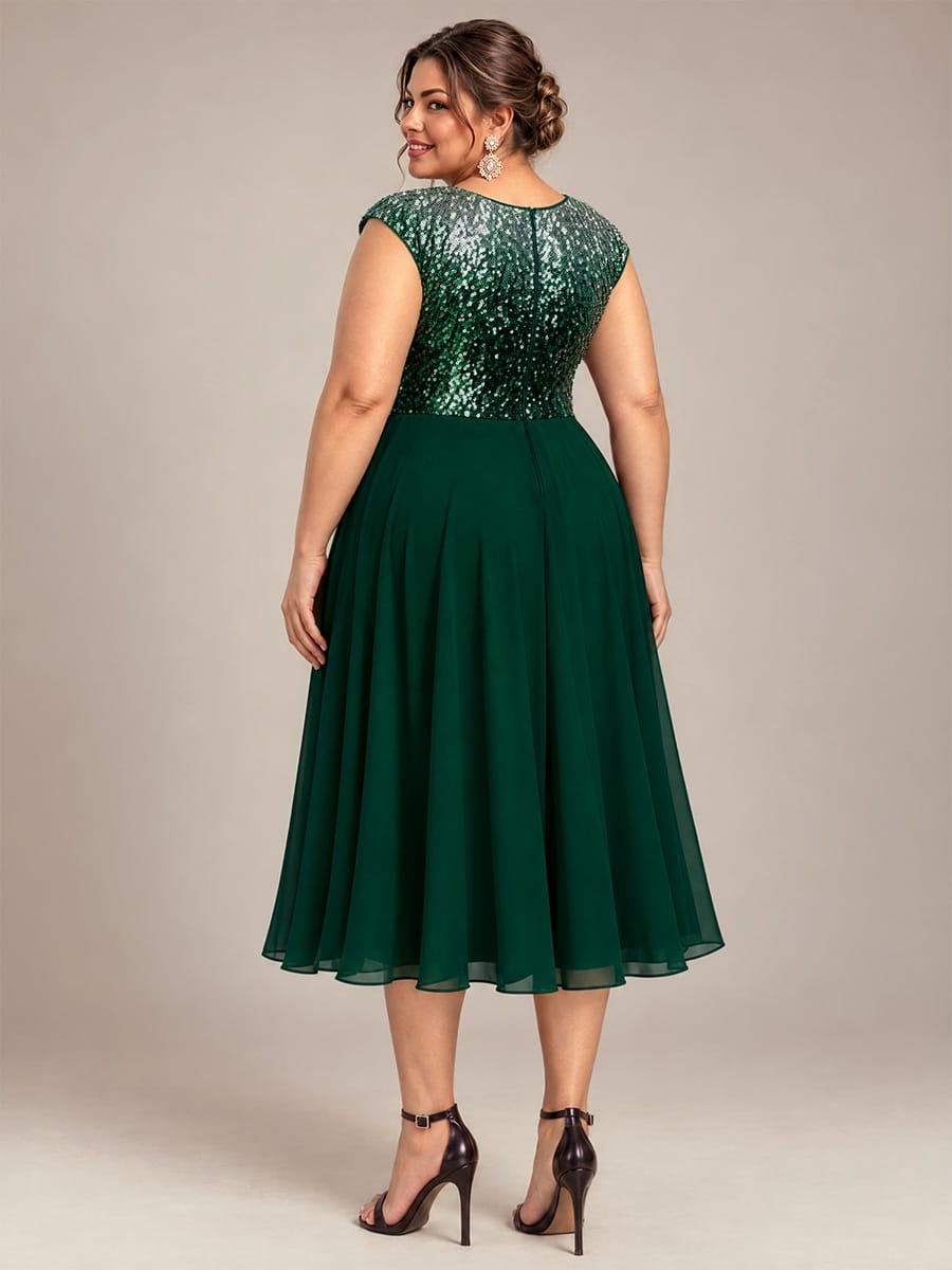 Sequin Tea Length Round Neckline Cap Sleeves Wedding Guest Dress #color_Green Silver