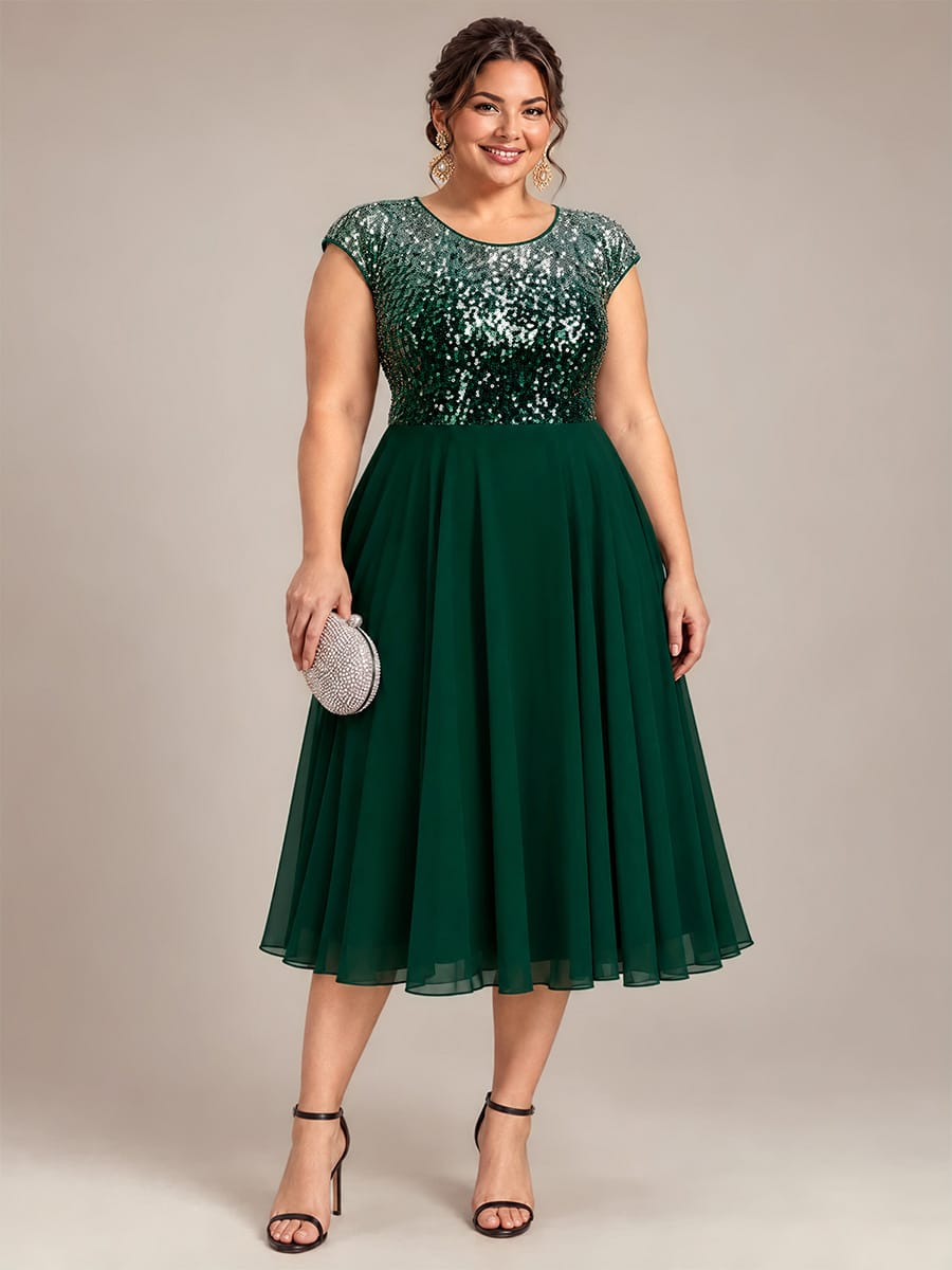 Sequin Tea Length Round Neckline Cap Sleeves Wedding Guest Dress #color_Green Silver