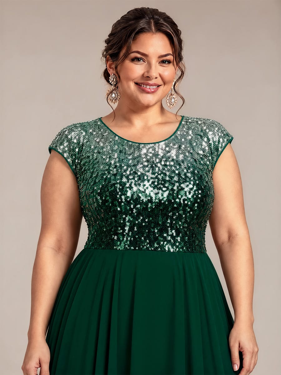 Sequin Tea Length Round Neckline Cap Sleeves Wedding Guest Dress #color_Green Silver