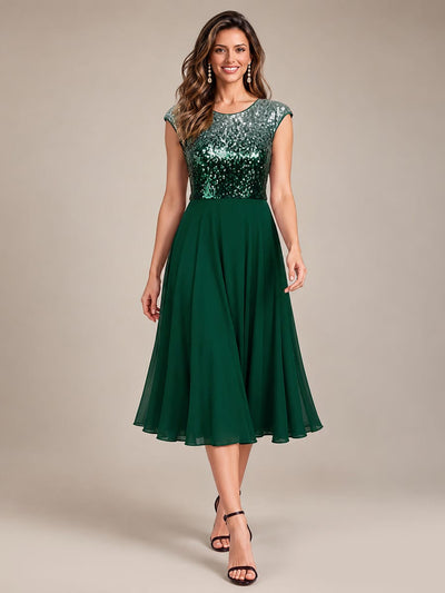 Sequin Bodice A-Line Tea Length Wedding Guest Dress