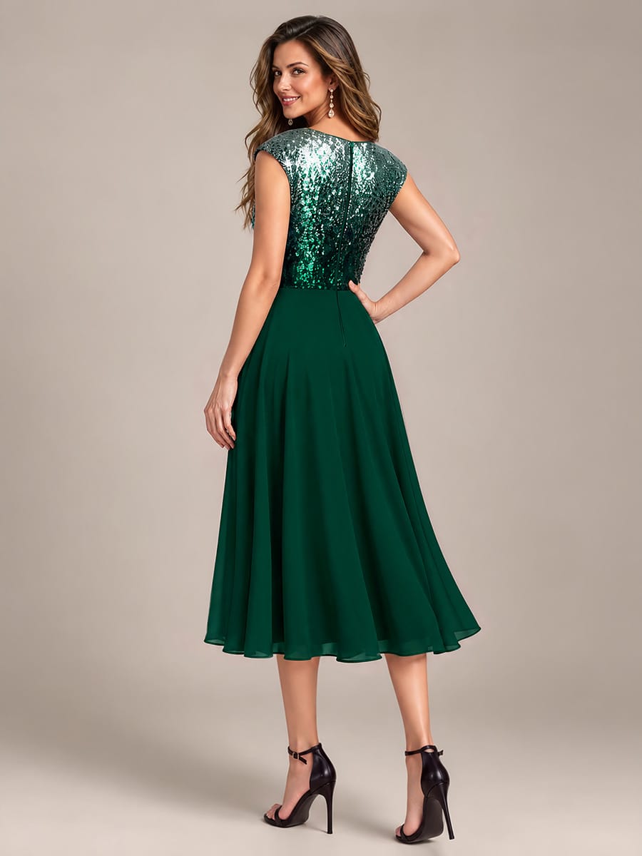 Sequin Tea Length Round Neckline Cap Sleeves Wedding Guest Dress #color_Green Silver