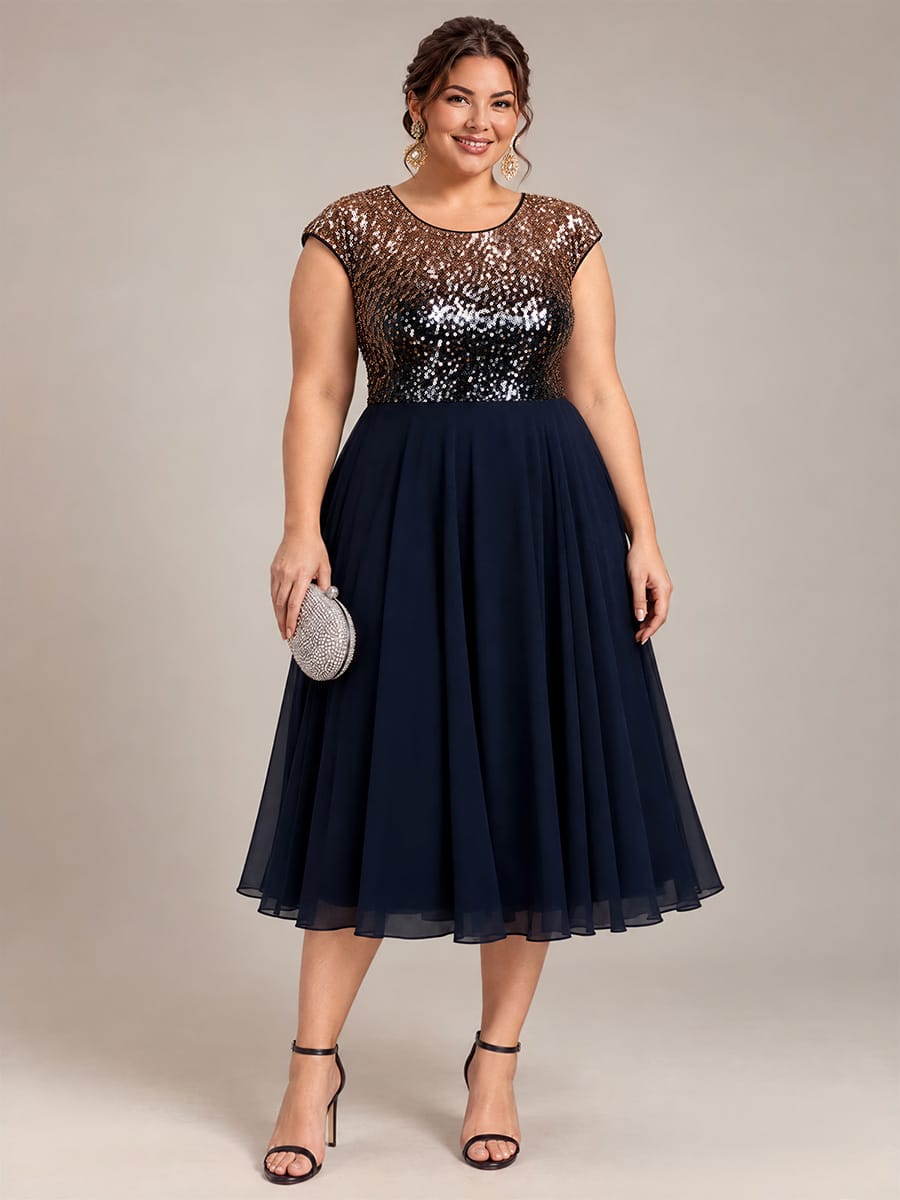 Sequin Tea Length Round Neckline Cap Sleeves Wedding Guest Dress #color_Navy Champagne