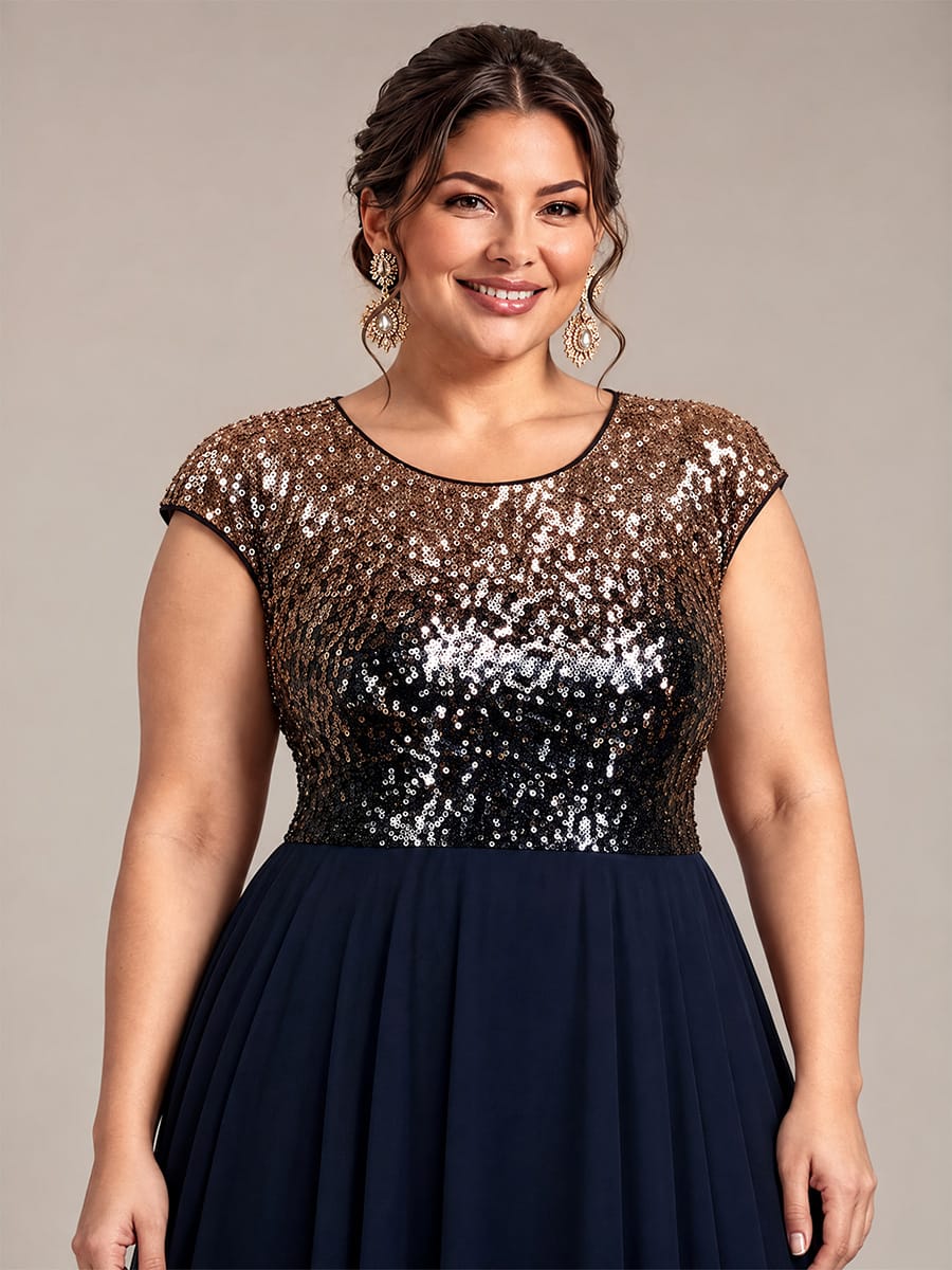 Sequin Tea Length Round Neckline Cap Sleeves Wedding Guest Dress #color_Navy Champagne