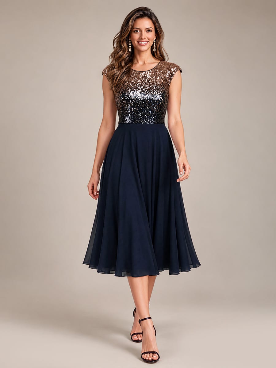 Sequin Tea Length Round Neckline Cap Sleeves Wedding Guest Dress #color_Navy Champagne