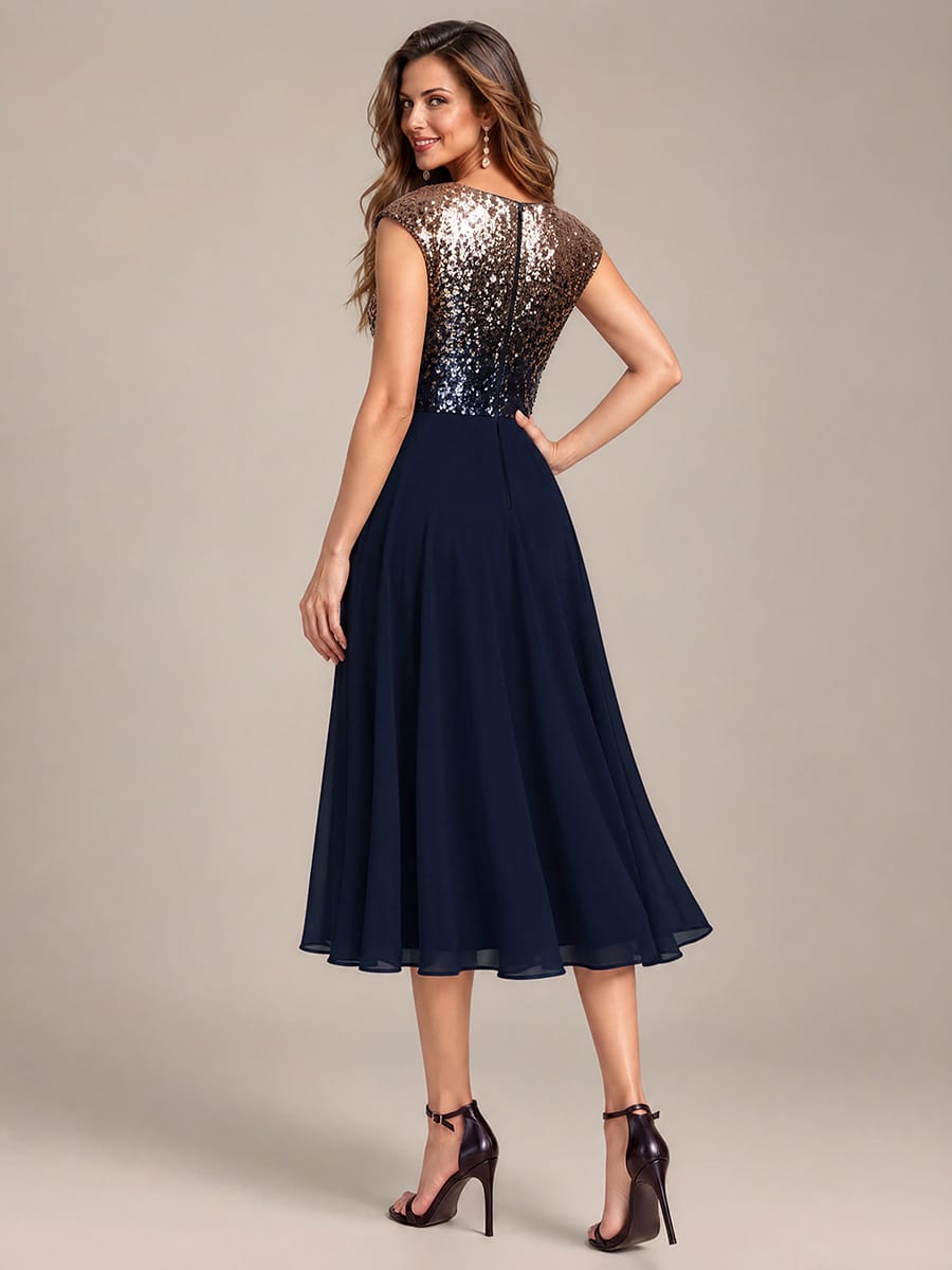 Sequin Tea Length Round Neckline Cap Sleeves Wedding Guest Dress #color_Navy Champagne