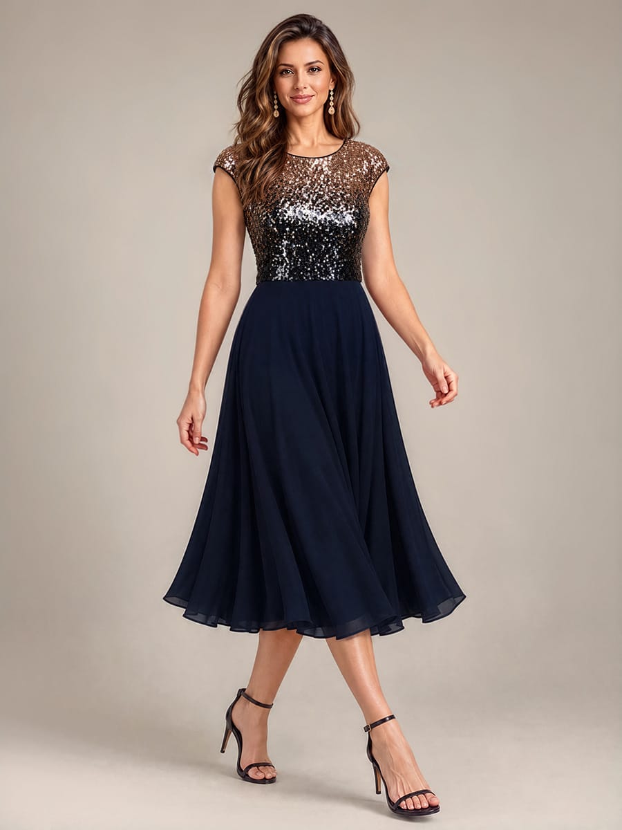 Sequin Tea Length Round Neckline Cap Sleeves Wedding Guest Dress #color_Navy Champagne