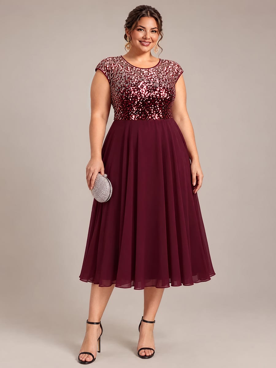 Sequin Tea Length Round Neckline Cap Sleeves Wedding Guest Dress #color_Burgundy Pink