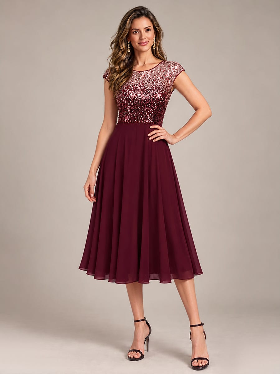 Sequin Tea Length Round Neckline Cap Sleeves Wedding Guest Dress #color_Burgundy Pink