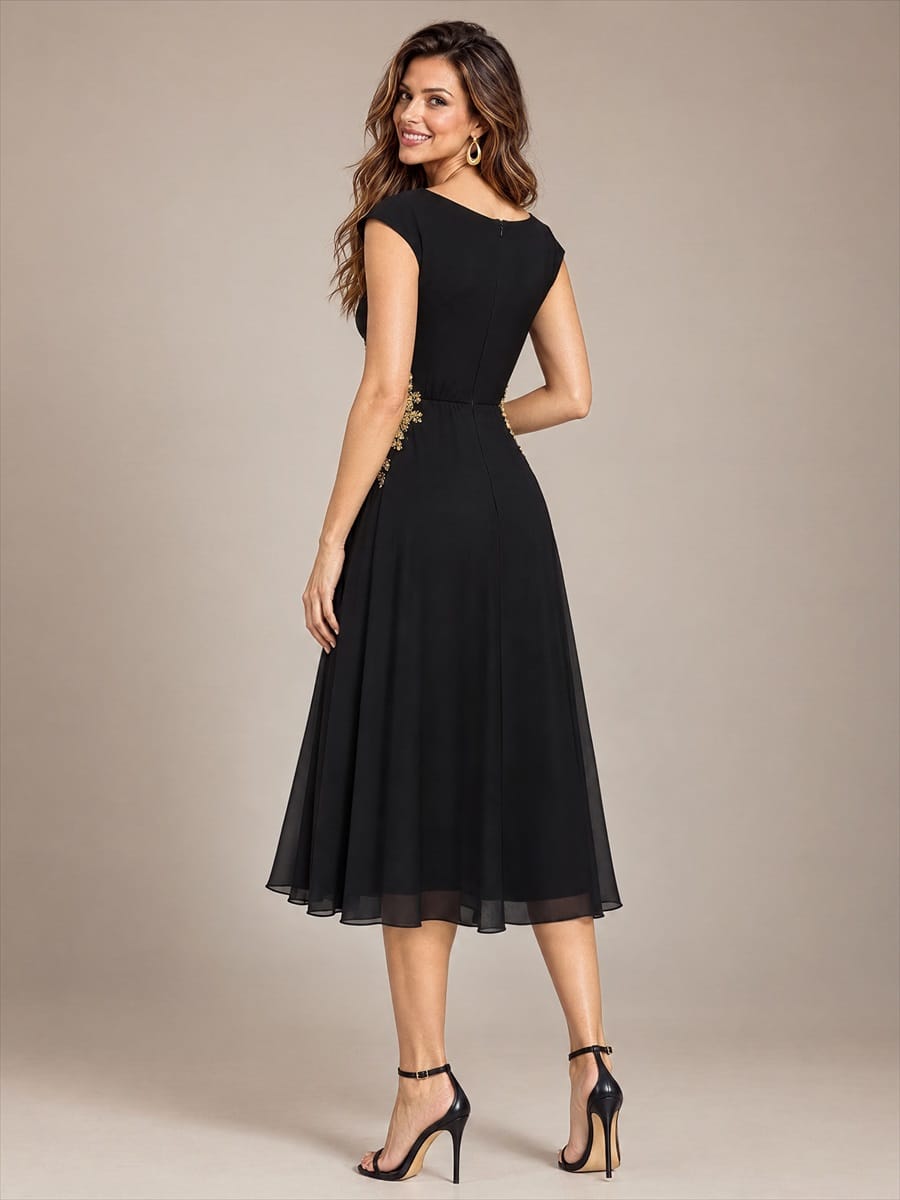 Sequin Chiffon Midi Round Neckline Sleeveless Wedding Guest Dress #color_Black