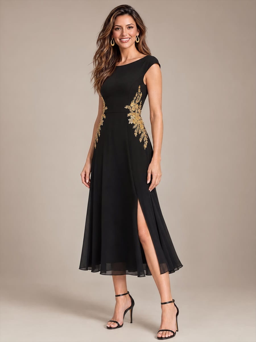 Sequin Chiffon Midi Round Neckline Sleeveless Wedding Guest Dress #color_Black