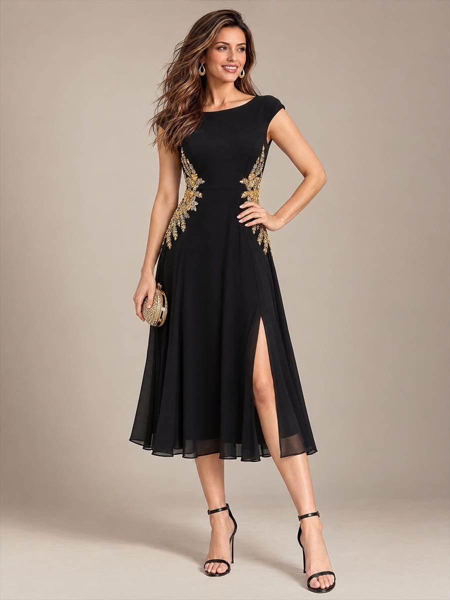 Sequin Chiffon Midi Round Neckline Sleeveless Wedding Guest Dress #color_Black