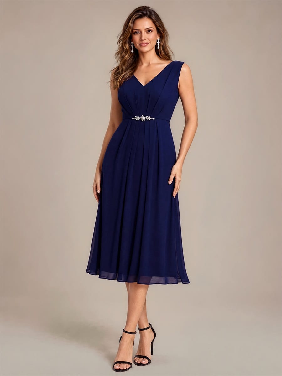 Chiffon Sleeveless Full Skirt Dress #color_Navy Blue