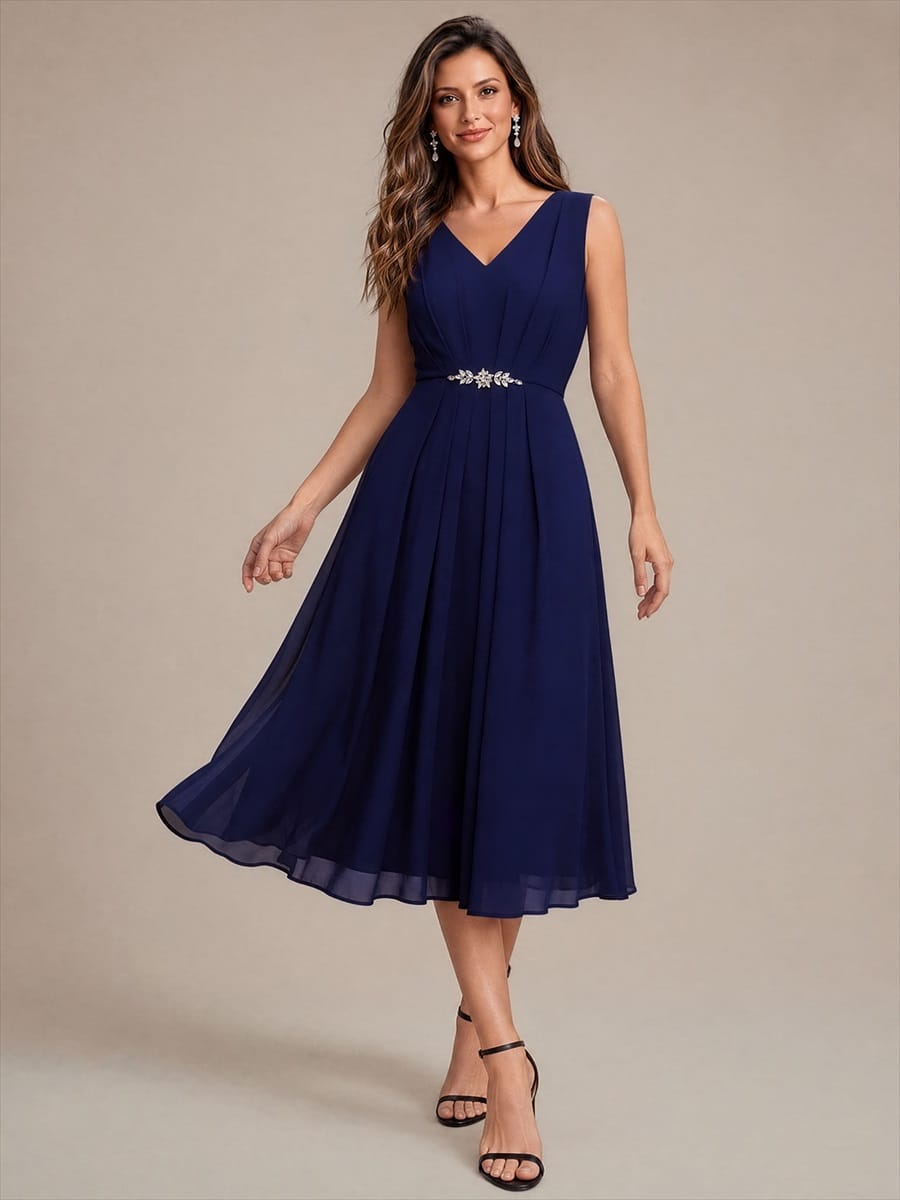 Chiffon Sleeveless Full Skirt Dress #color_Navy Blue