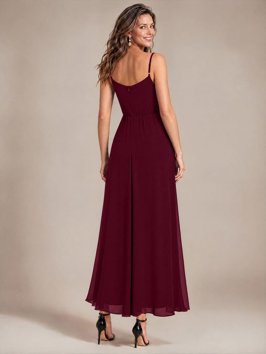 Chiffon Ankle Length V Neckline Sleeveless Wedding Guest Dress #color_Burgundy