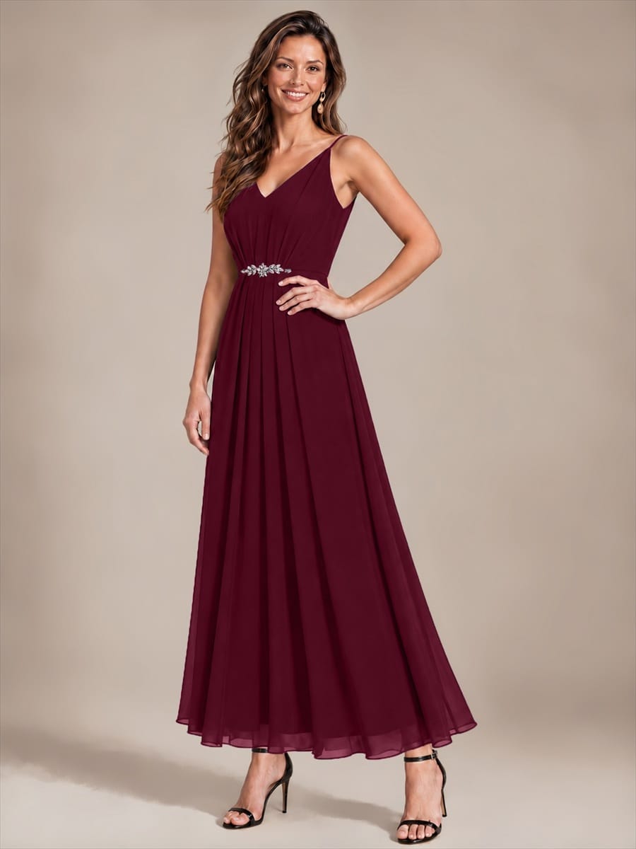 Chiffon Ankle Length V Neckline Sleeveless Wedding Guest Dress #color_Burgundy