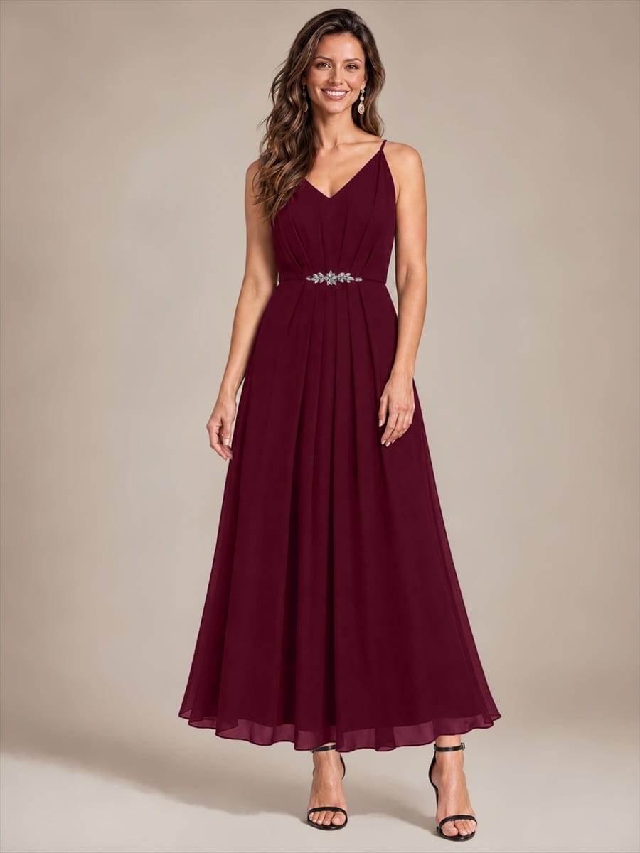 Chiffon Ankle Length V Neckline Sleeveless Wedding Guest Dress #color_Burgundy