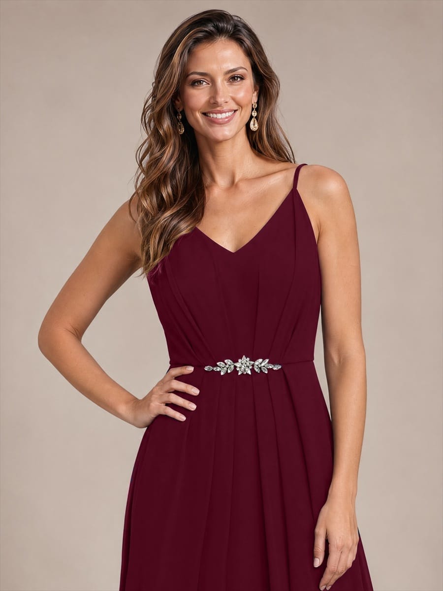 Chiffon Ankle Length V Neckline Sleeveless Wedding Guest Dress #color_Burgundy