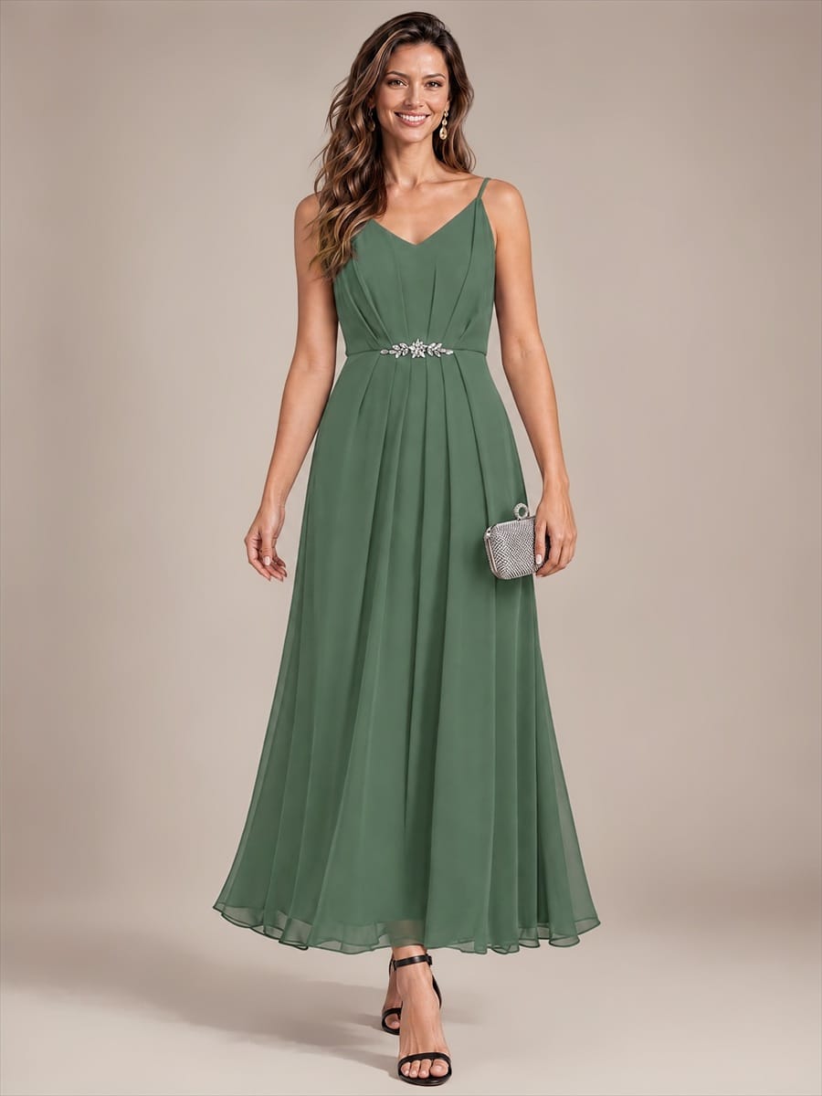 Chiffon Ankle Length V Neckline Sleeveless Wedding Guest Dress #color_Eucalyptus Green