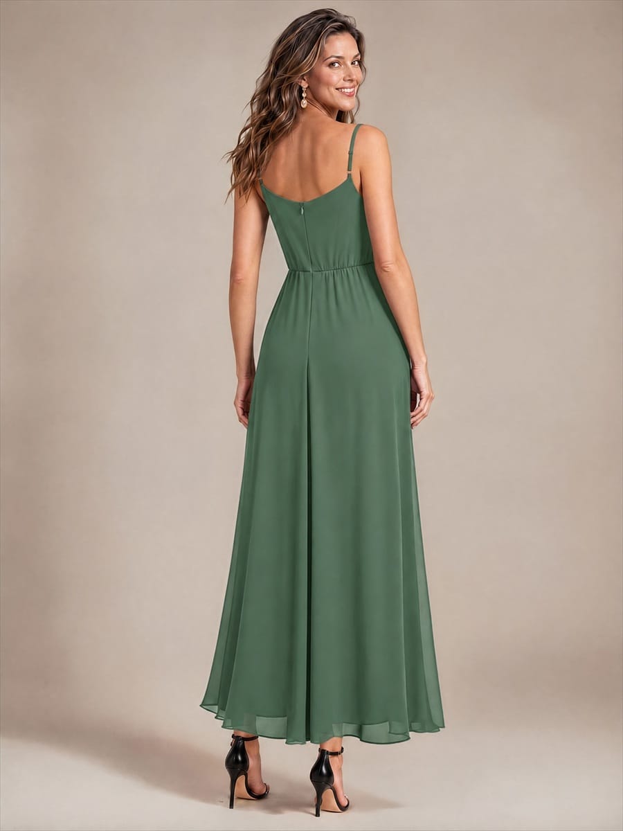Chiffon Ankle Length V Neckline Sleeveless Wedding Guest Dress #color_Eucalyptus Green
