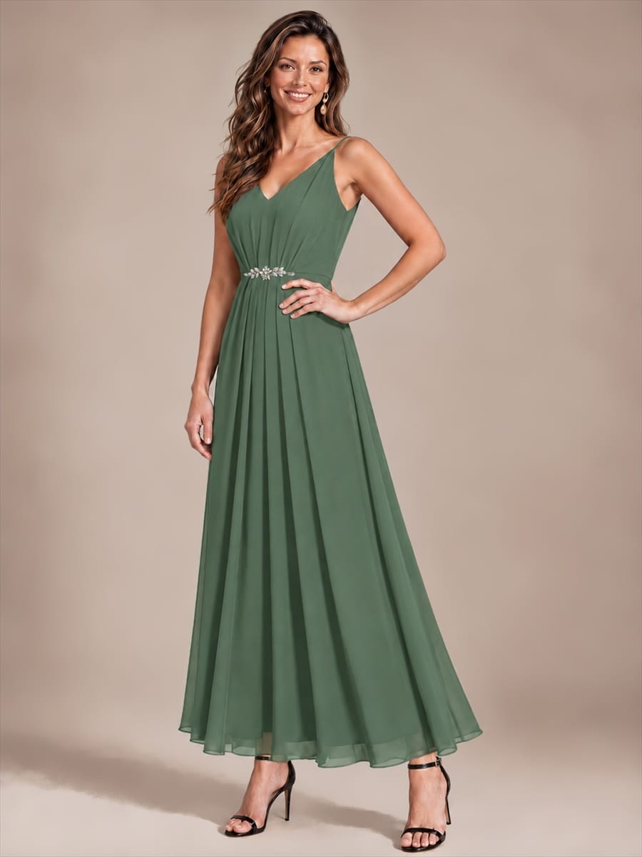 Chiffon Ankle Length V Neckline Sleeveless Wedding Guest Dress #color_Eucalyptus Green