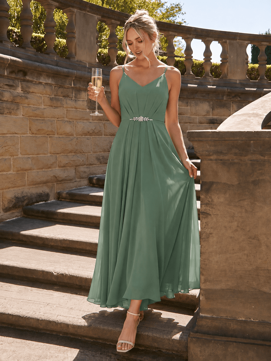 Chiffon Ankle Length V Neckline Sleeveless Wedding Guest Dress #color_Eucalyptus Green