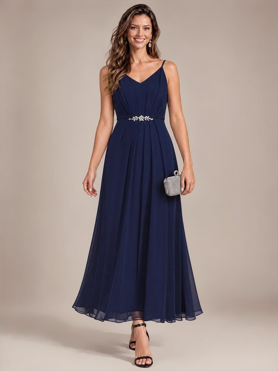 Chiffon Ankle Length V Neckline Sleeveless Wedding Guest Dress #color_Navy Blue