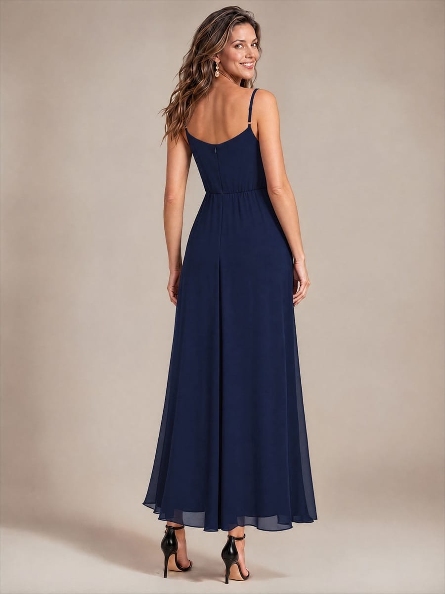 Chiffon Ankle Length V Neckline Sleeveless Wedding Guest Dress #color_Navy Blue
