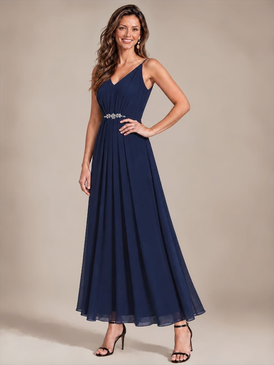 Chiffon Ankle Length V Neckline Sleeveless Wedding Guest Dress #color_Navy Blue