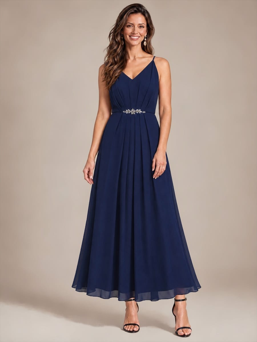Chiffon Ankle Length V Neckline Sleeveless Wedding Guest Dress #color_Navy Blue
