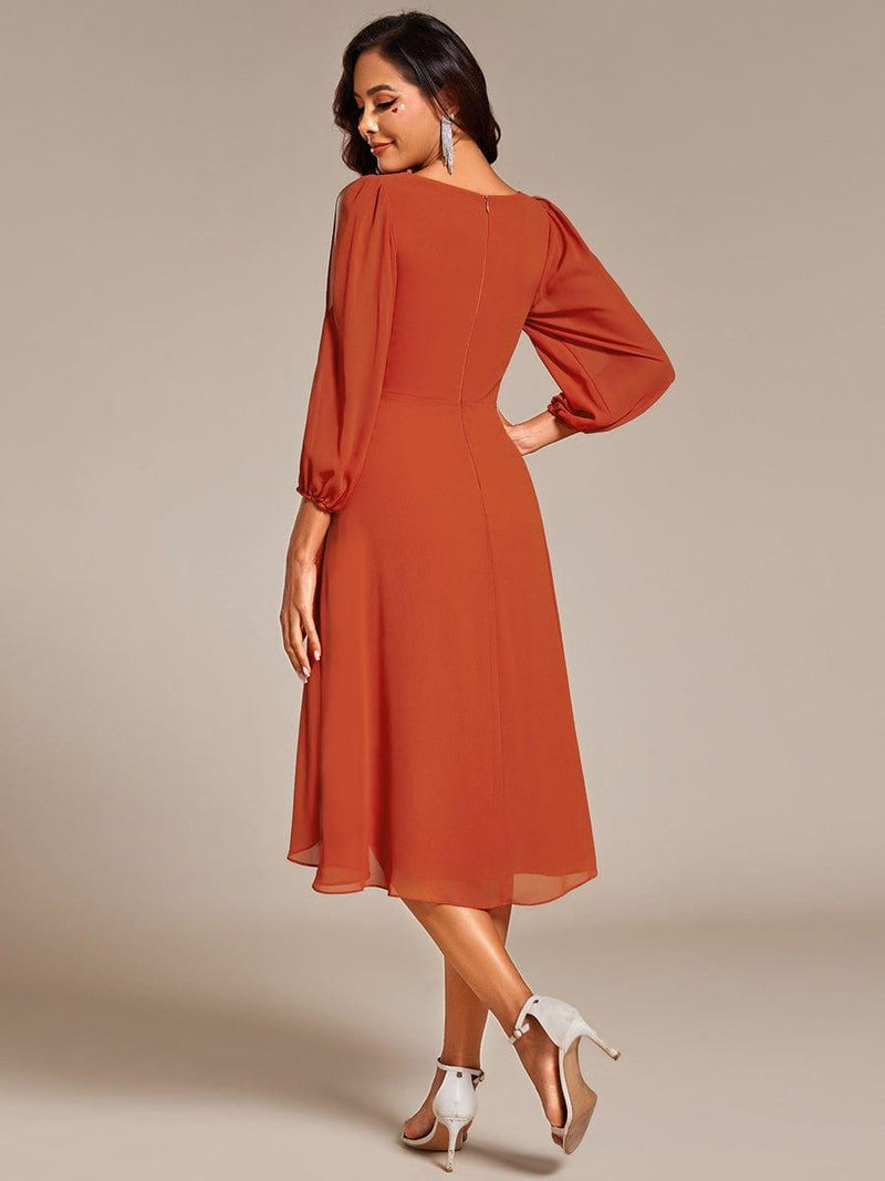 Elegant Long Sleeve Chiffon Midi Wedding Guest Dress(Final Sale)