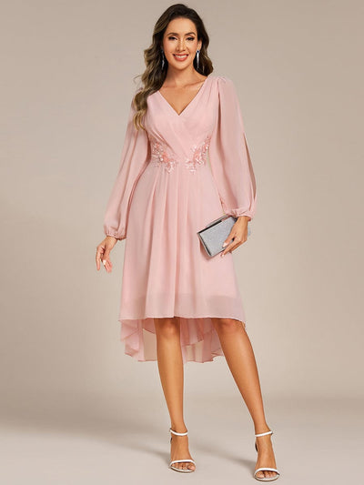 High-Low Chiffon Midi Wedding Guest Dress with Waist Applique and Long Sleeves #color_Pink