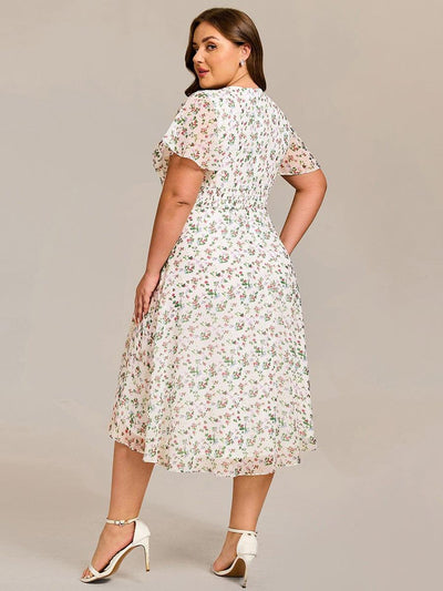 Short Sleeve Ruffled Floral Midi Wedding Guest Dress #color_White Floral