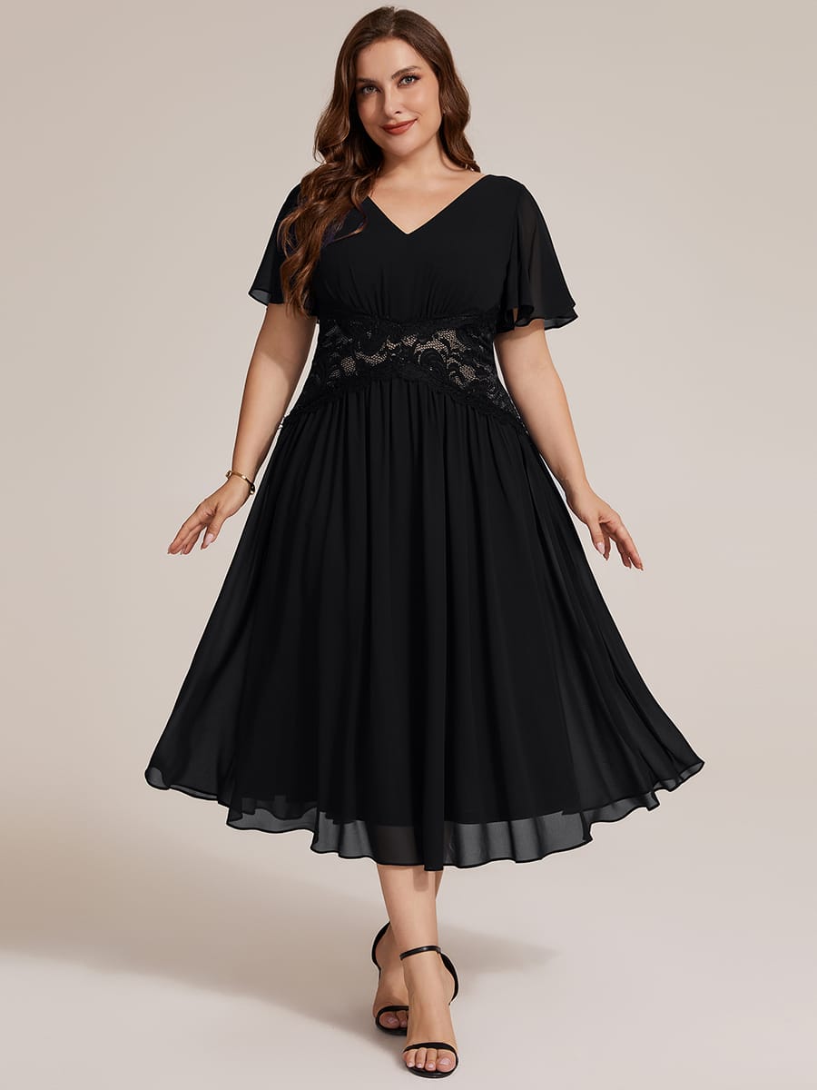 Ruffled Chiffon Ruffle Sleeve Dress #color_Black