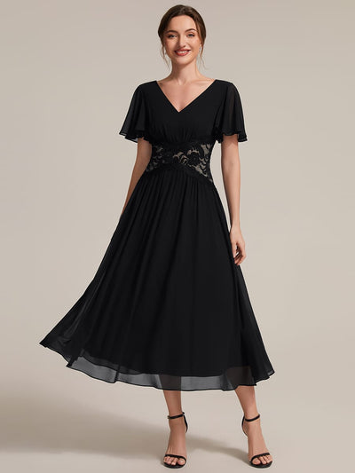 Lace Trim Chiffon Midi Dress with Ruffle Sleeves