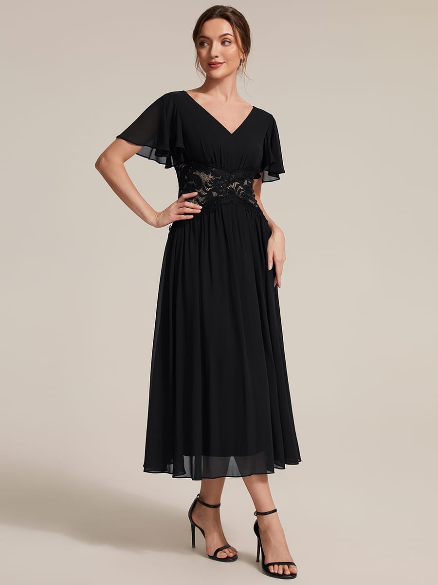 Ruffled Chiffon Ruffle Sleeve Dress #color_Black