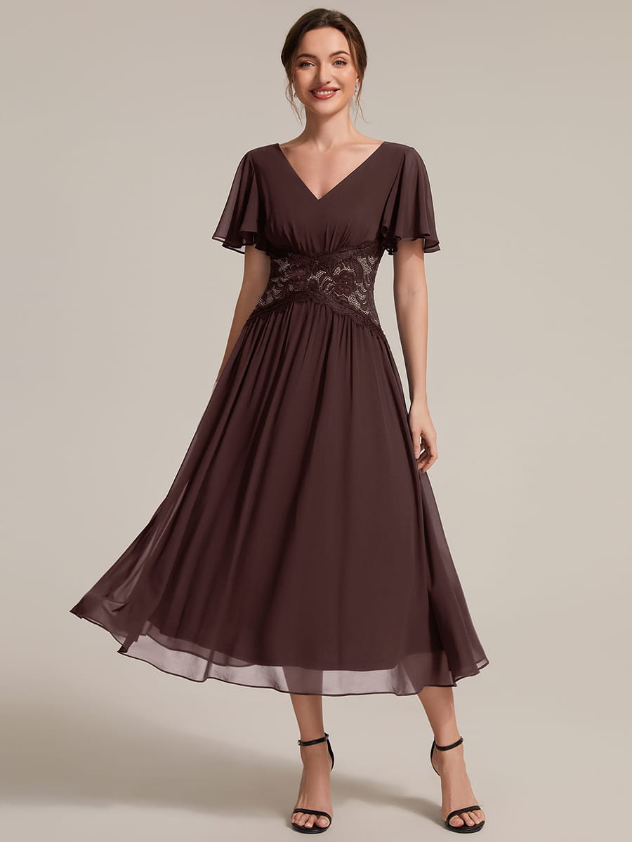 Ruffled Chiffon Ruffle Sleeve Dress #color_Chocolate brown