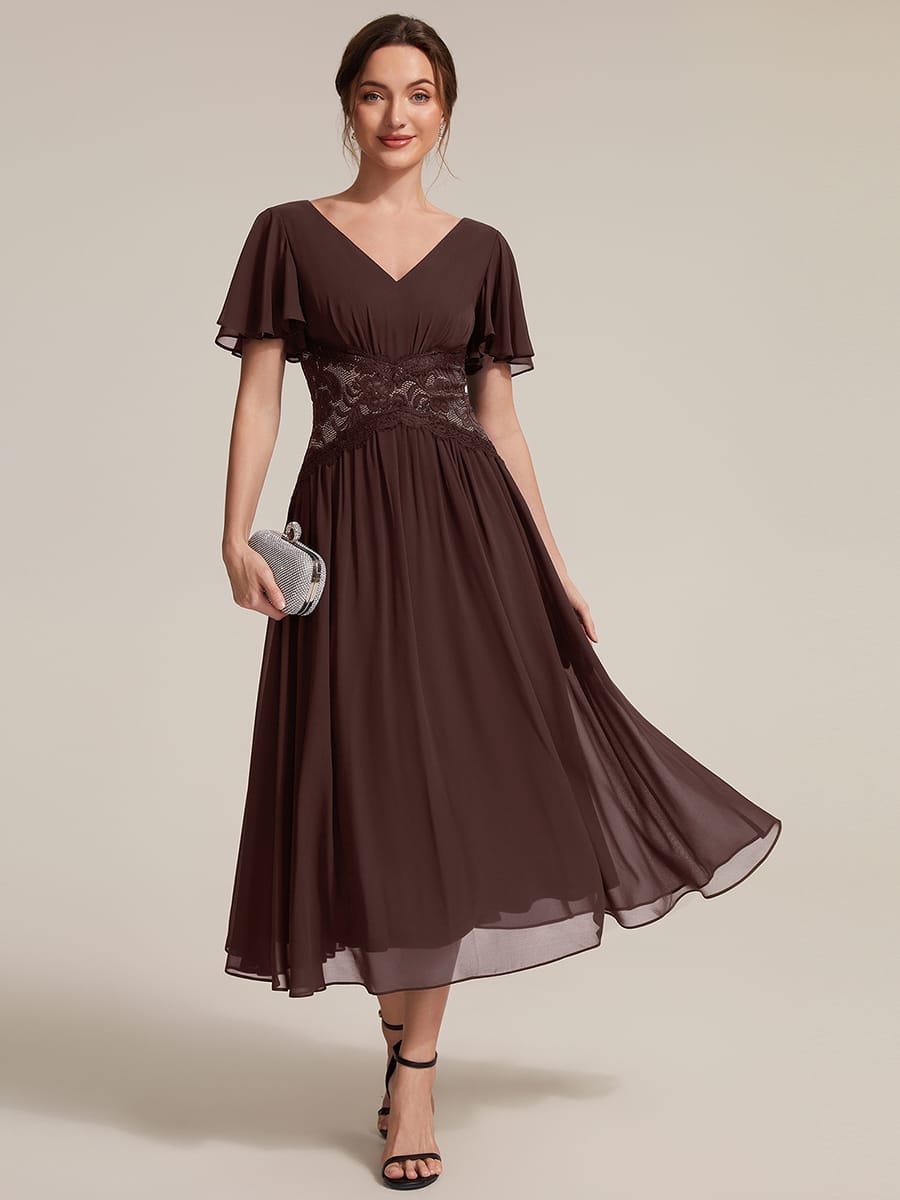 Ruffled Chiffon Ruffle Sleeve Dress #color_Chocolate brown