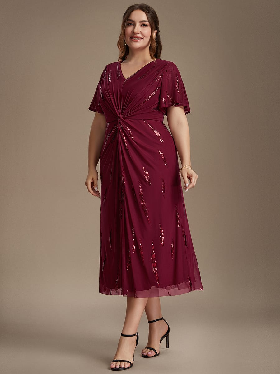 Sequin Tulle Ruffle Sleeve Dress #color_Burgundy