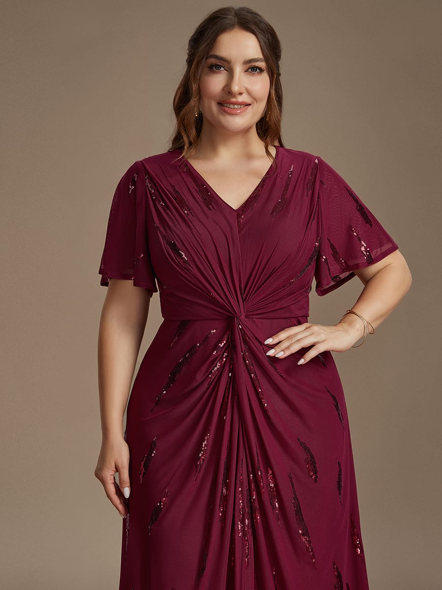 Sequin Tulle Ruffle Sleeve Dress #color_Burgundy